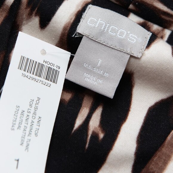 Chico's Polished Animal Print Tunic Top Long Sleeve Knit Shirt Size 1 Medium New - Picture 4 of 7